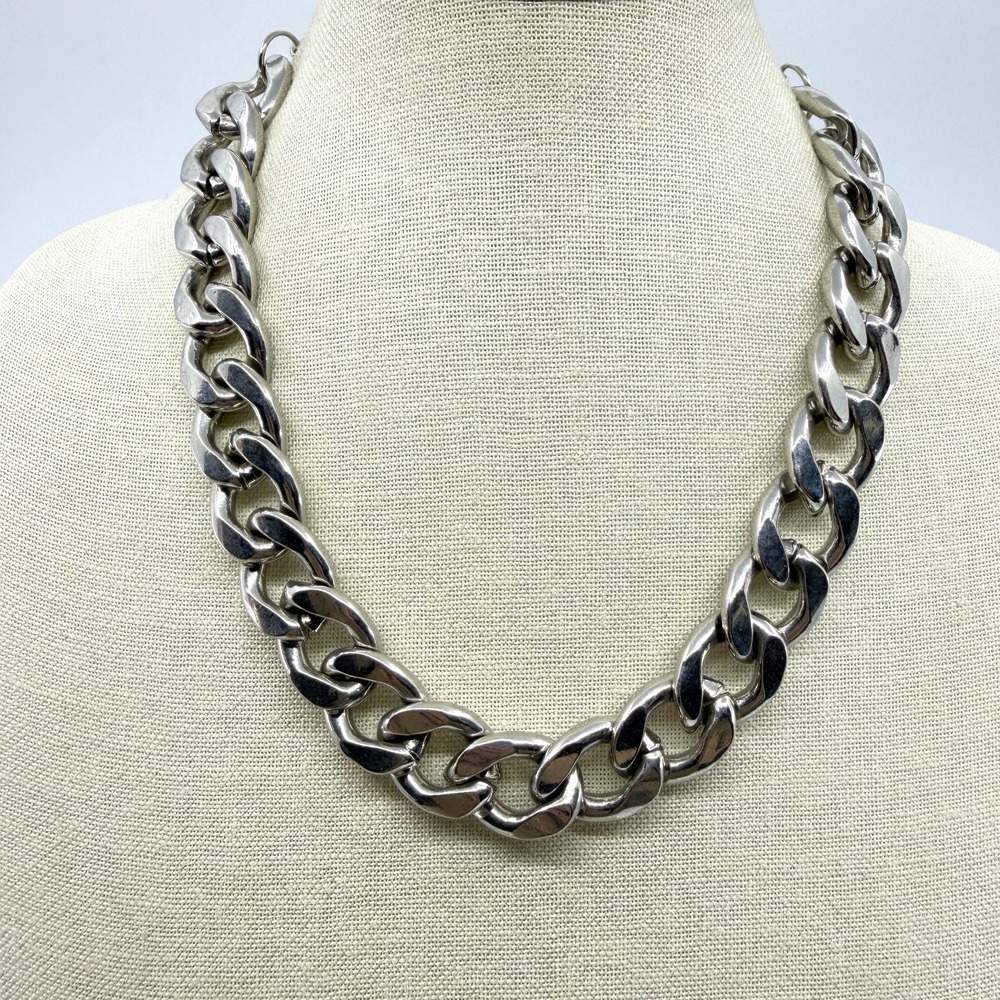 Chunky Silver Tone Curb Chain Necklace Statement Industrial Festival Layering
